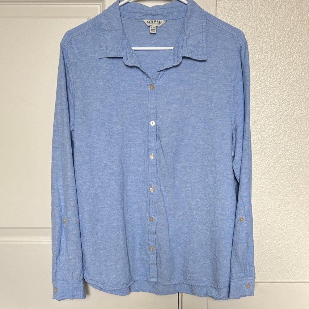Classic Orvis Women’s Linen Coastal Light Blue Button-Up Shirt Size XL